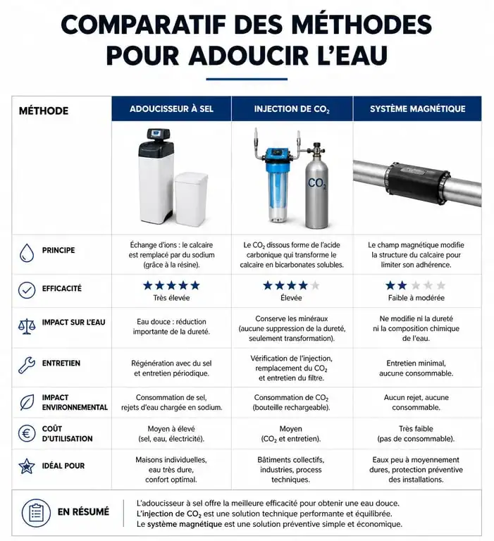Infographie comparative des solutions pour adoucir l'eau et éliminer le calcaire