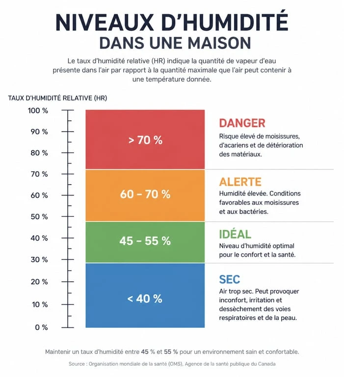 Infographie des taux d'humidité idéaux pour éviter les odeurs d'humidité dans la maison