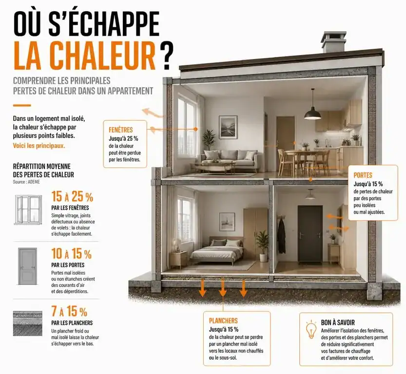 Schéma des points de déperdition de chaleur dans un appartement mal isolé