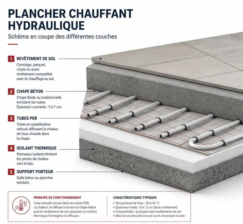 Schéma en coupe d'un chauffage par le sol gaz montrant les couches d'isolant, tubes et chape