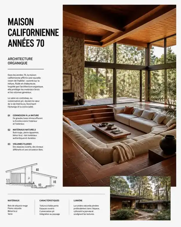 Intérieur d'une maison californienne des années 70 avec salon en contrebas et grandes baies vitrées