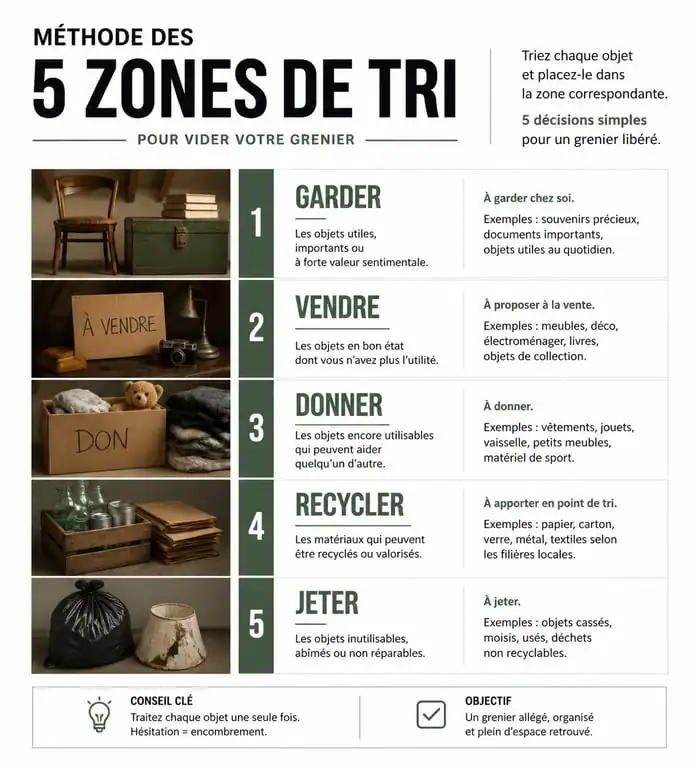 Infographie méthode 5 zones pour vider mon grenier