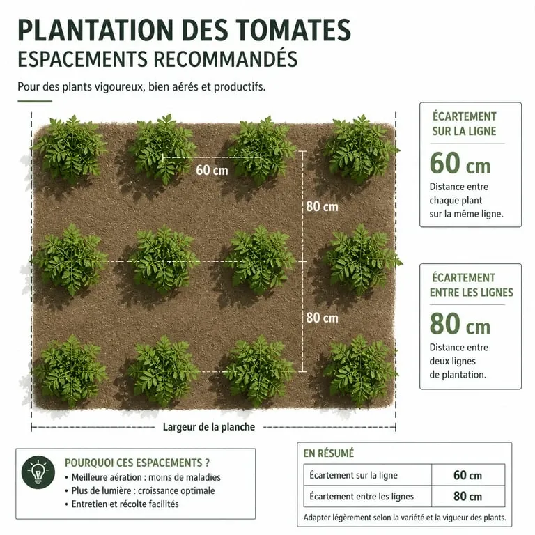 Schéma d'espacement optimal entre les pieds de tomates pour une croissance saine.