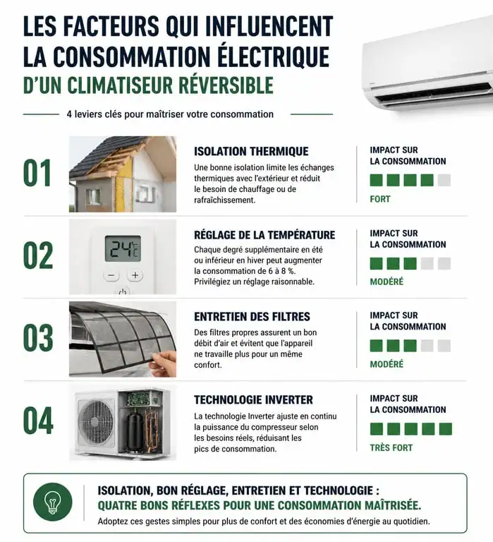 Infographie des facteurs influençant la consommation électrique d'un climatiseur réversible