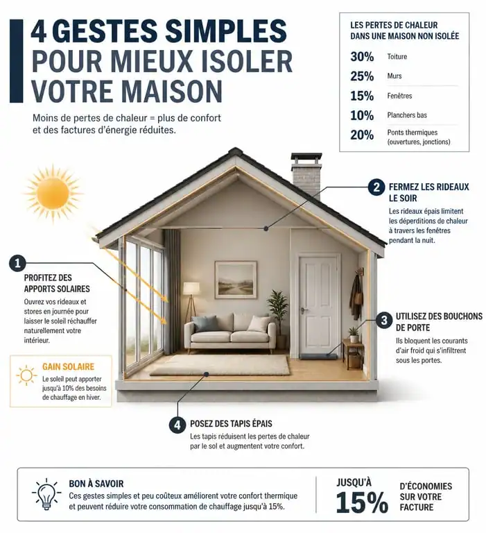 Infographie des astuces pour chauffer sa maison sans chauffage et conserver la chaleur