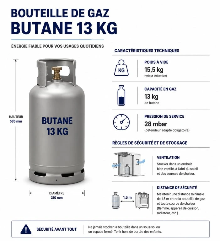 Infographie technique sur la bouteille de gaz gris 13kg, ses caractéristiques et les règles de sécurité