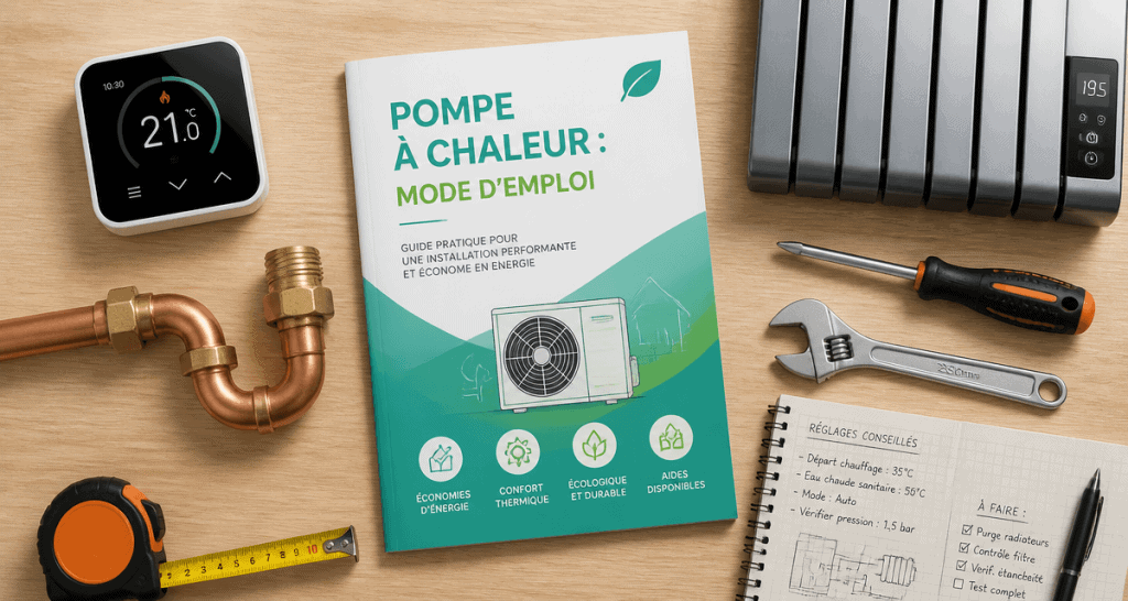 Installation pompe à chaleur avec radiateur électrique, outils et brochure