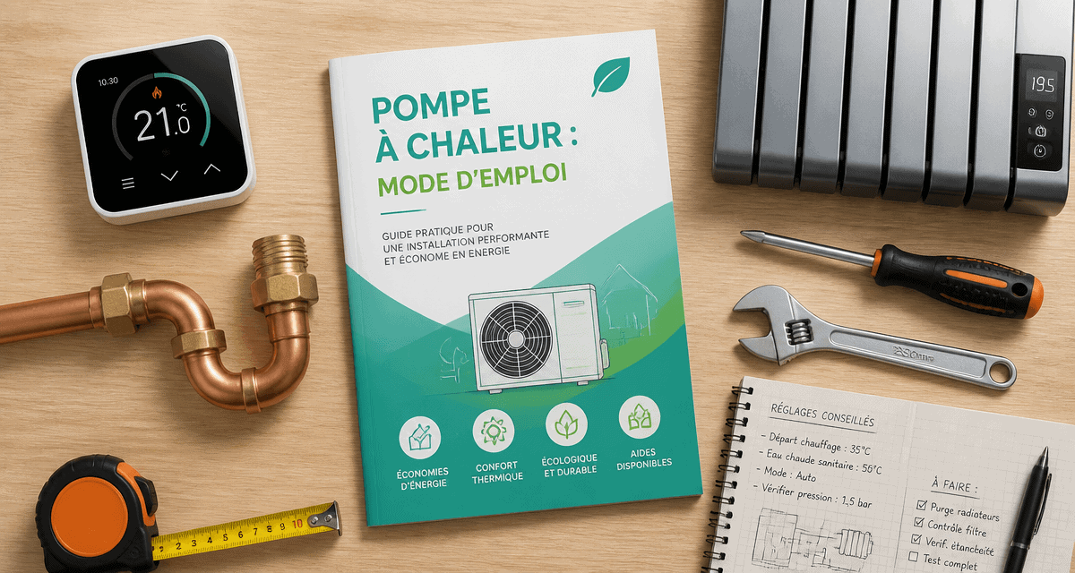 Installation pompe à chaleur avec radiateur électrique, outils et brochure