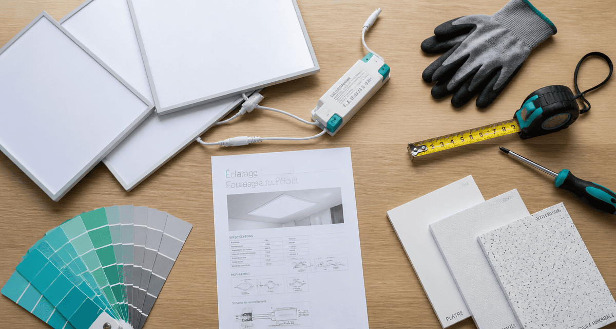 luminaire faux plafond dalles LED et outils