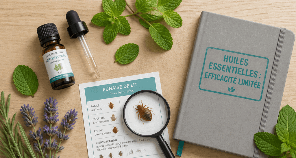 Punaise de lit huile essentielle avis sur table avec loupe