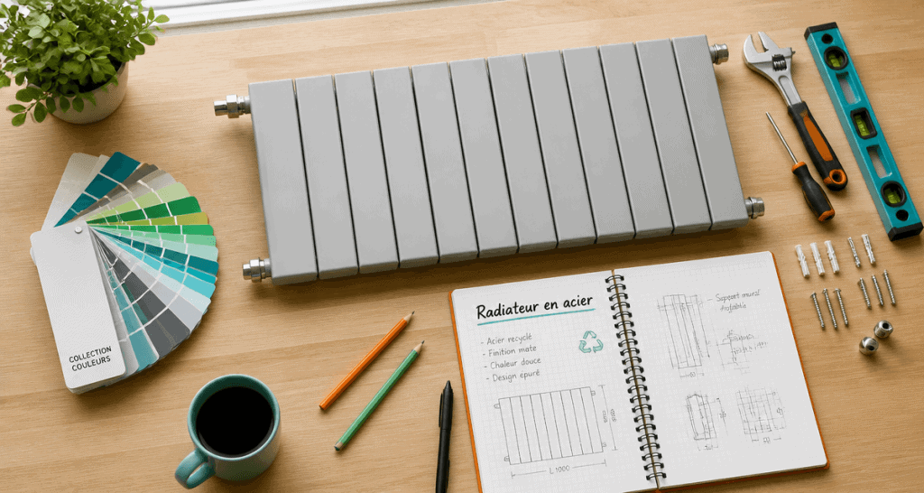 radiateur en acier pour chauffage central avec outils et carnet de calculs