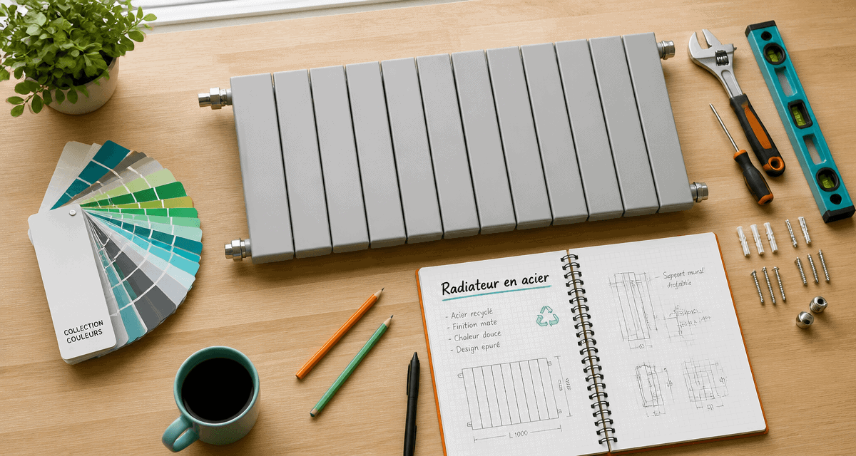 radiateur en acier pour chauffage central avec outils et carnet de calculs