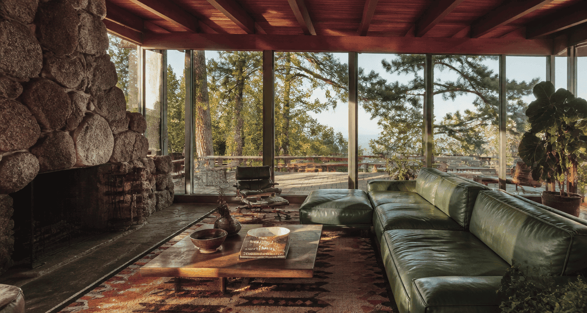 Salon maison californienne année 70 avec baies vitrées et cheminée