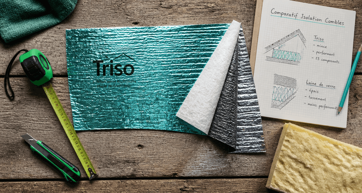 triso toiture avis : isolant mince triso sur établi avec laine de verre