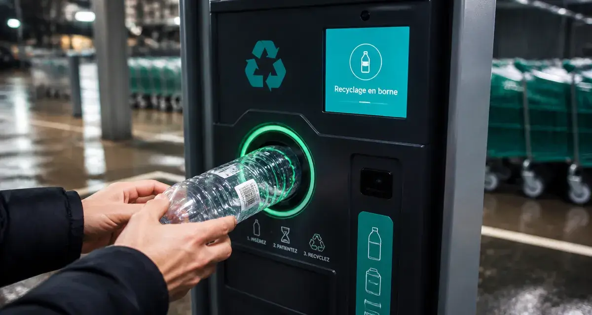 Bouteille plastique recyclage en borne de collecte en parking