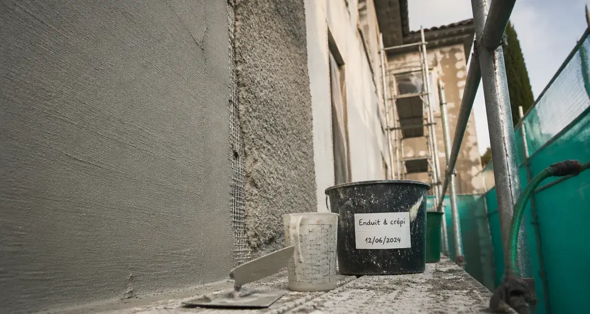 Crépi ou enduit extérieur : mur enduit lisse et finition crépie granuleuse