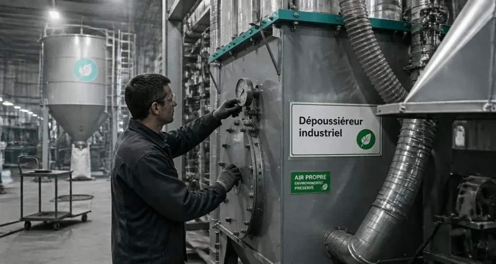 Dépoussiéreur industriel : technicien vérifie un filtre et un manomètre en atelier