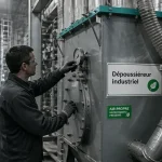 Dépoussiéreur industriel : technicien vérifie un filtre et un manomètre en atelier