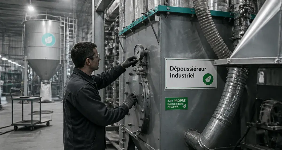 Dépoussiéreur industriel : technicien vérifie un filtre et un manomètre en atelier