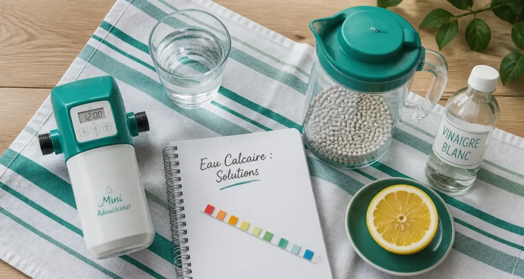 Eau calcaire solution avec adoucisseur, perles céramique, vinaigre et citron