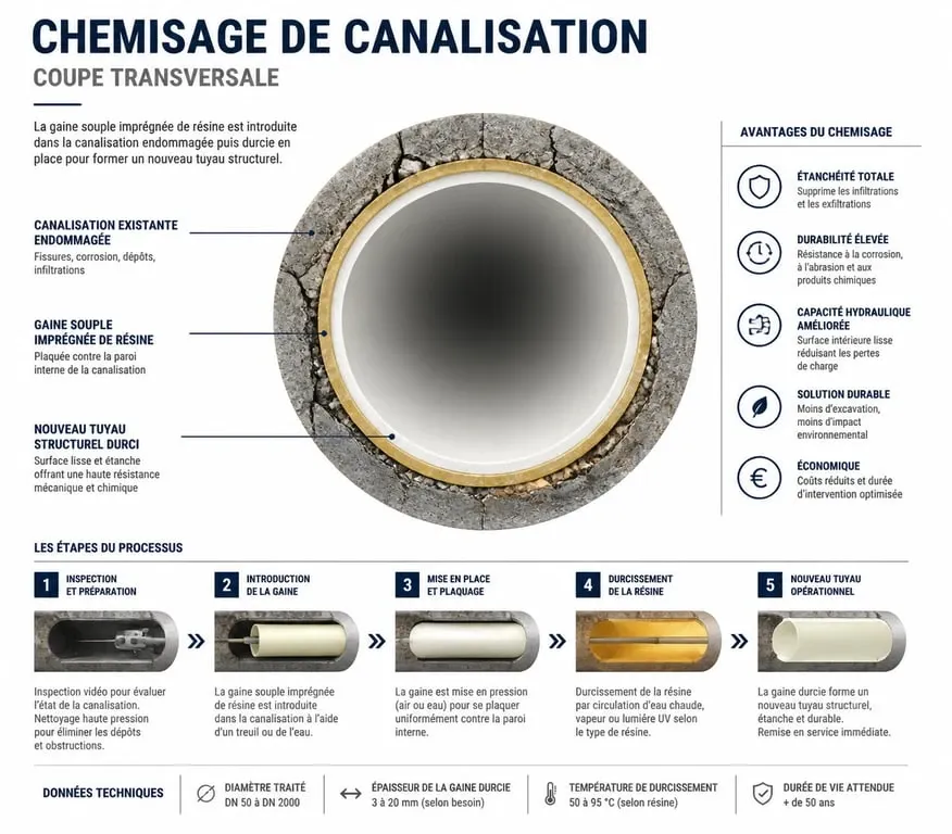 Schéma explicatif du fonctionnement du chemisage de canalisation pour la réparation sans tranchée