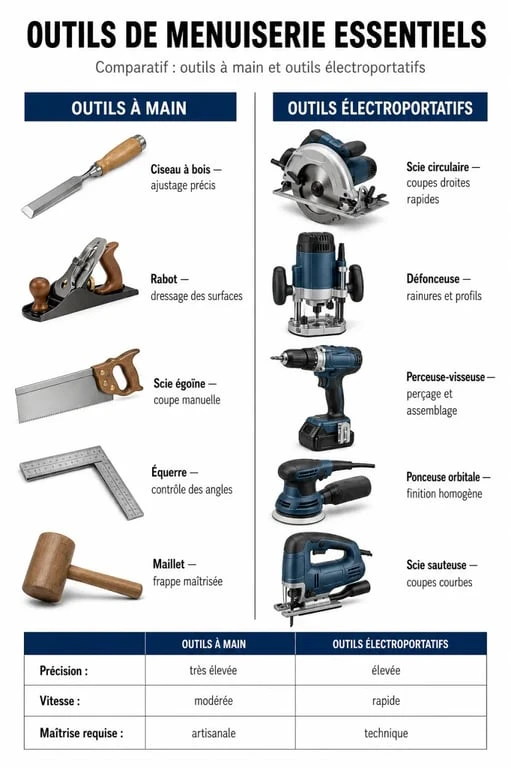 Infographie comparative des outils pour menuisier indispensables : outils à main et électroportatifs.