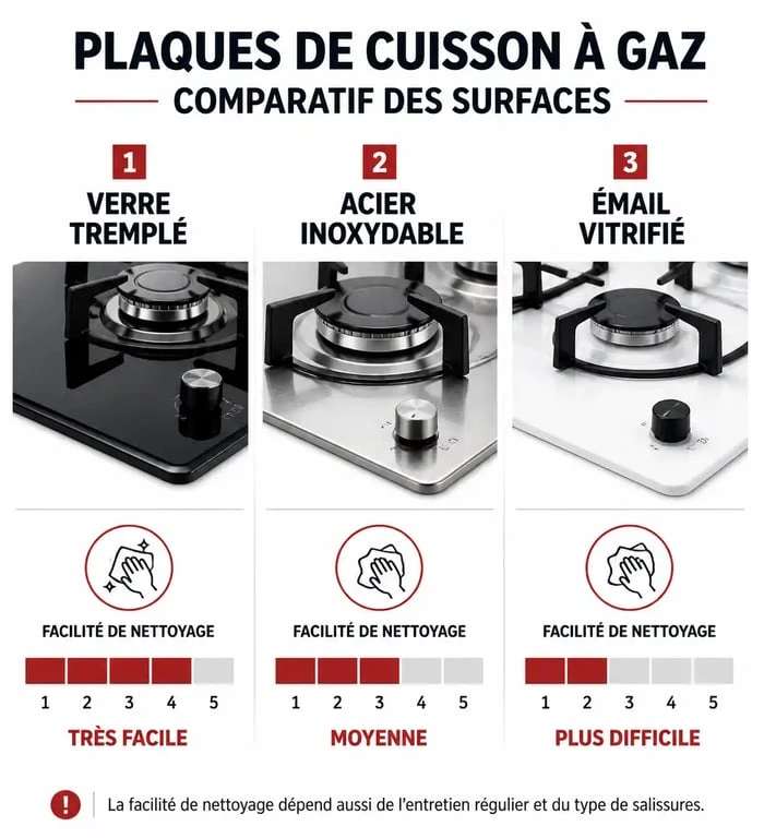 Comparatif des matériaux pour plaque de cuisson gaz 5 feux facile à nettoyer : verre trempé, inox et émail