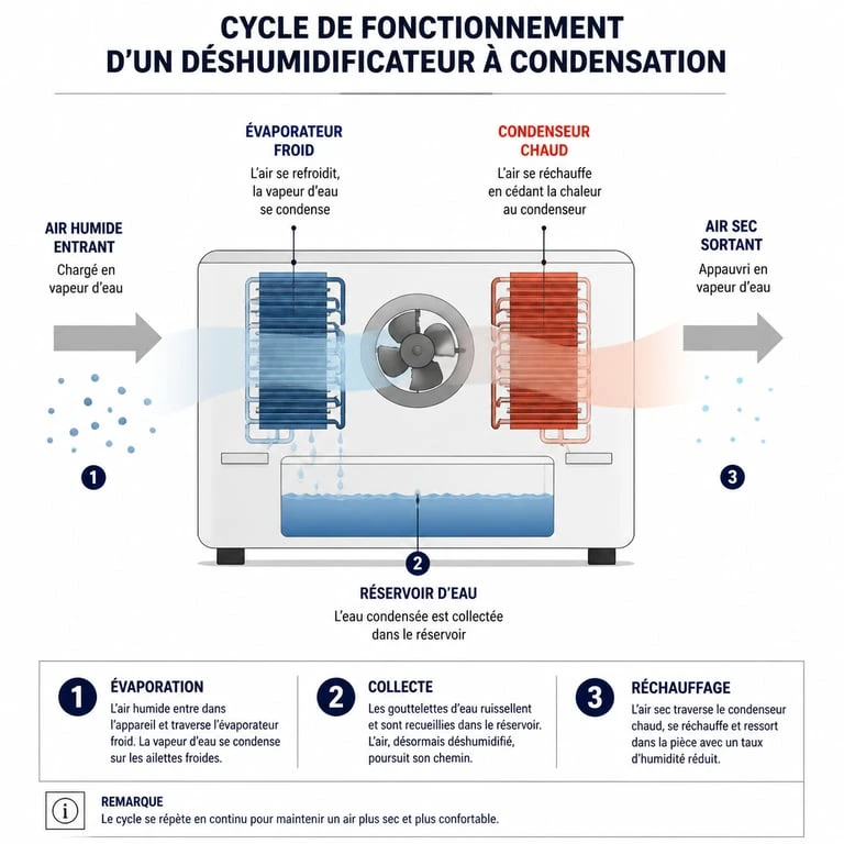 Schéma explicatif du fonctionnement d'un déshumidificateur d'air par condensation