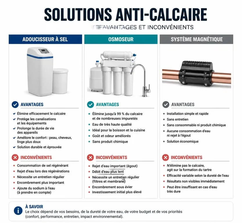 Infographie comparative des solutions contre l'eau calcaire : adoucisseur, osmoseur et système magnétique