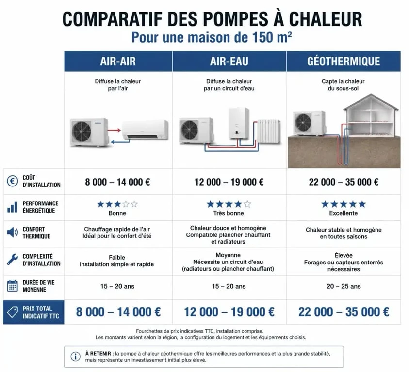 Comparatif des prix des pompes à chaleur pour maison de 150m2 selon la technologie