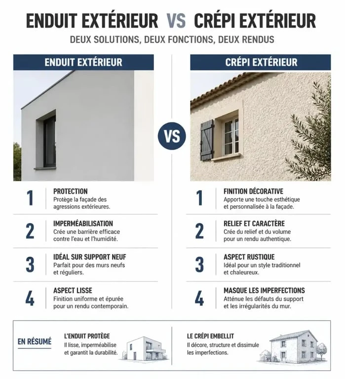 Infographie comparative des différences entre crépi ou enduit extérieur pour le ravalement de façade