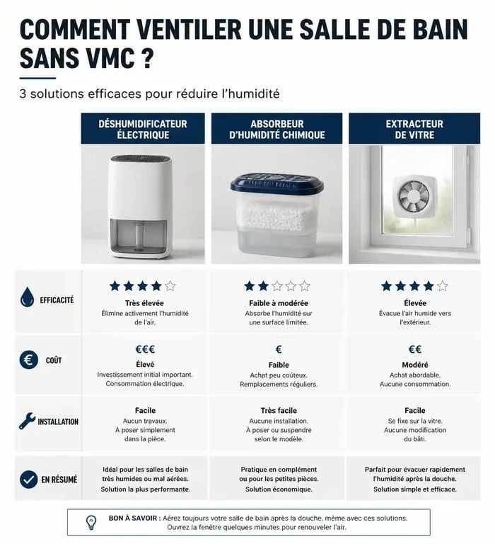 Comparatif des solutions pour ventiler une salle de bain sans VMC : déshumidificateur, absorbeur et extracteur