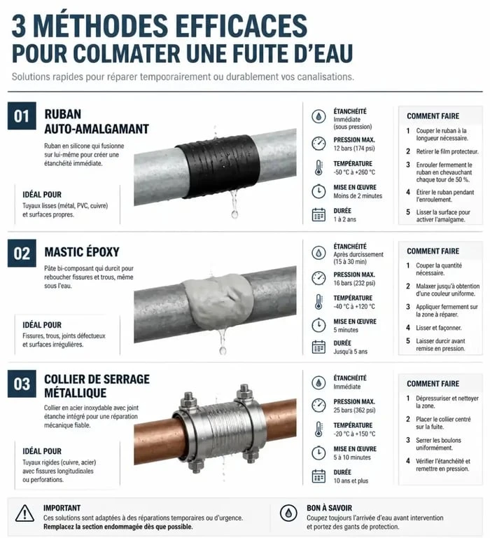 Infographie des méthodes pour colmater une fuite d'eau sous pression : ruban, mastic et collier de serrage