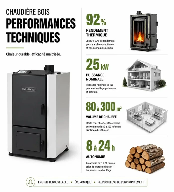 Infographie des performances techniques d'une chaudière bois