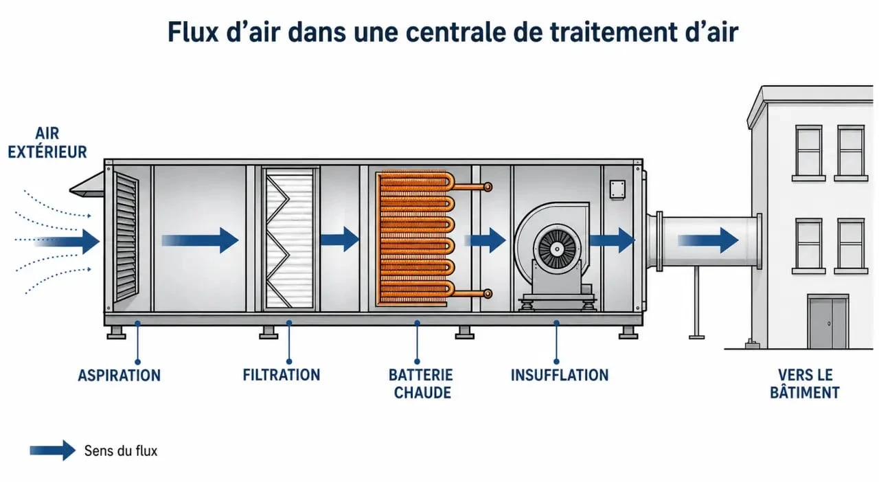Schéma de fonctionnement d'une centrale de traitement d'air (CTA) pour le chauffage