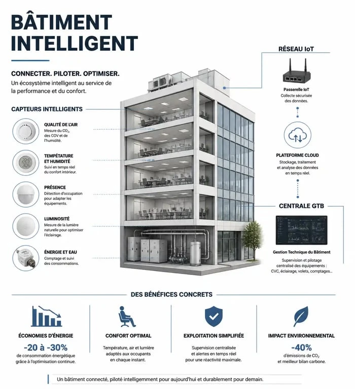Schéma explicatif du fonctionnement d'un bâtiment intelligent et de son écosystème technologique