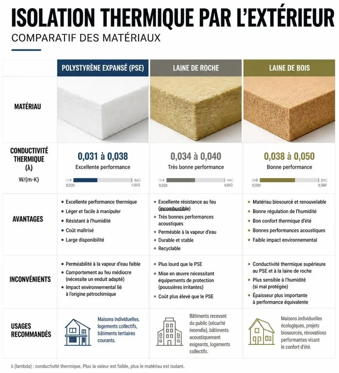 Comparatif des matériaux pour crépi isolant : polystyrène, laine de roche et laine de bois