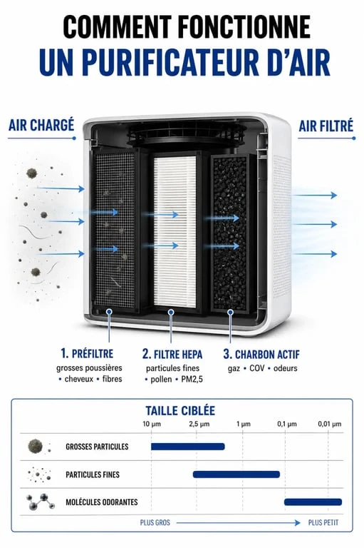 Schéma explicatif des étapes de filtration d'un purificateur d'air pour éliminer les polluants