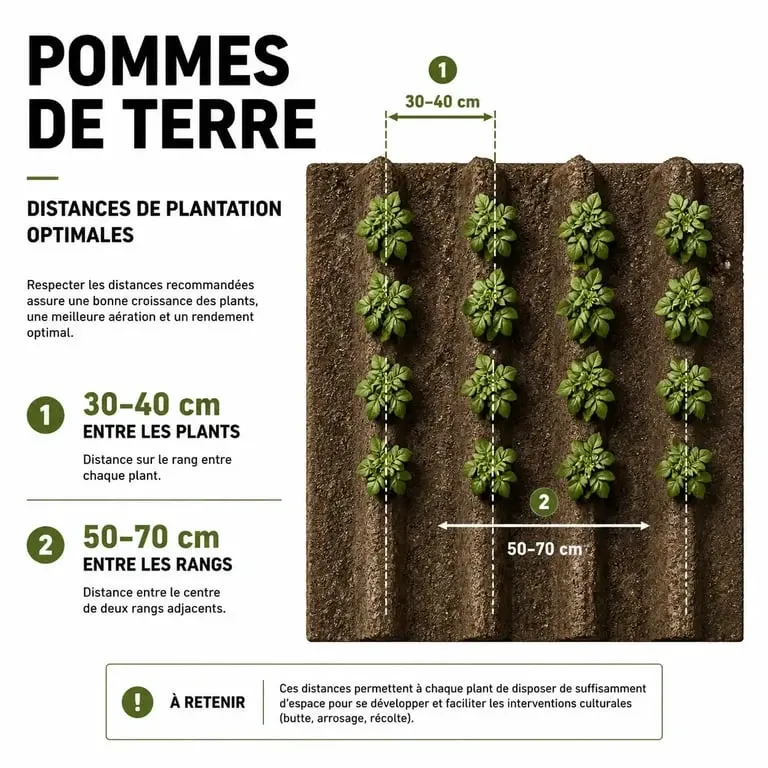 Schéma des distances de plantation pour pommes de terre : espacement entre plants et rangs