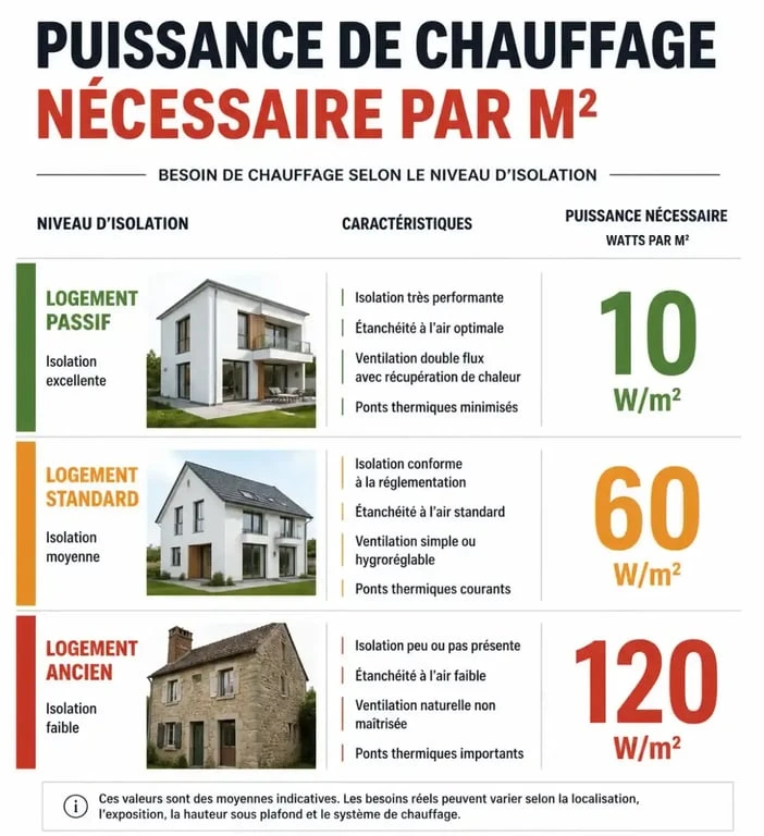Infographie sur la puissance de radiateur nécessaire par m2 selon l'isolation