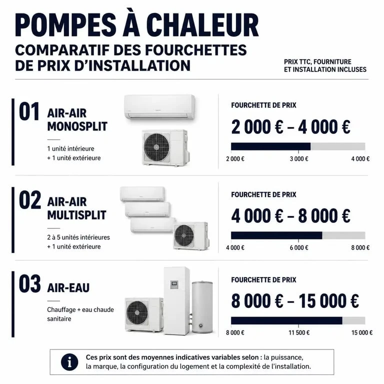 Comparatif des prix d'installation d'une pompe à chaleur clim réversible selon la technologie