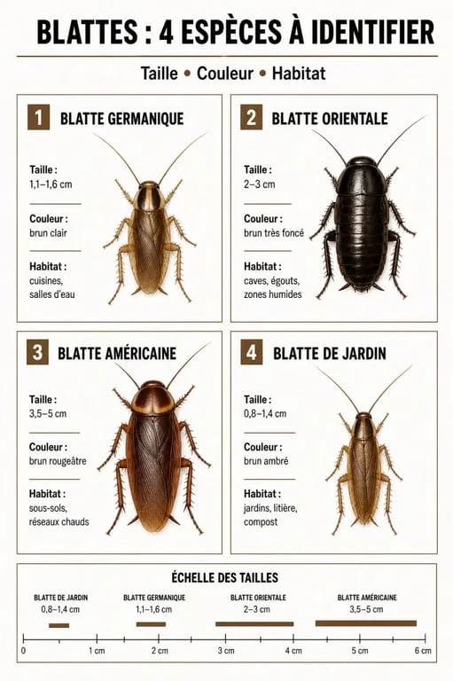 Infographie comparative des différentes espèces de blattes et cafards pour faciliter leur identification