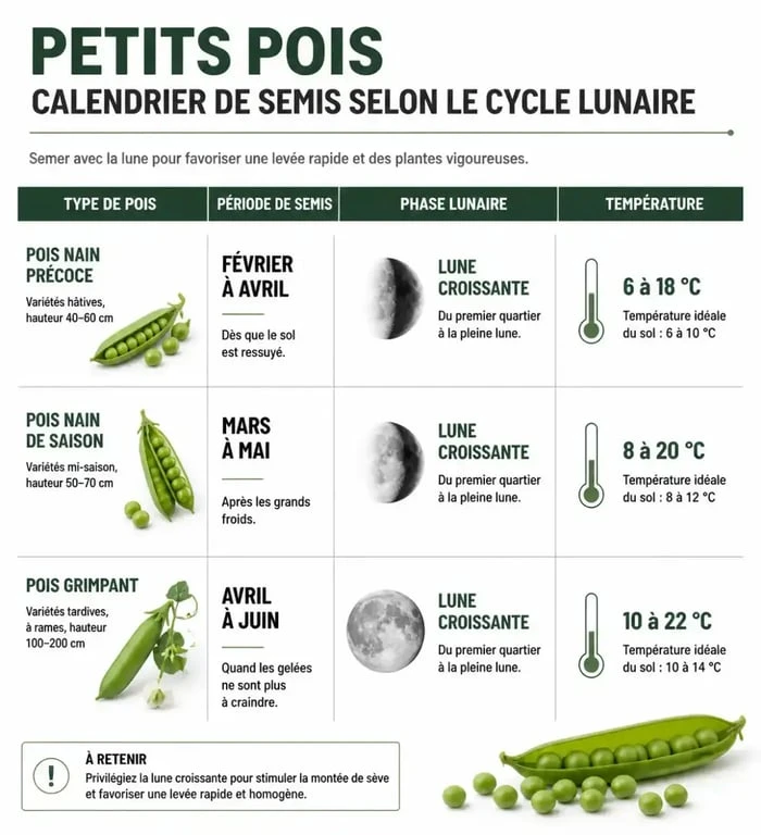 Calendrier de semis des petits pois avec la lune : variétés, périodes et conditions lunaires
