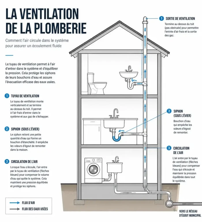 Schéma technique du fonctionnement d'un évent de plomberie dans une maison