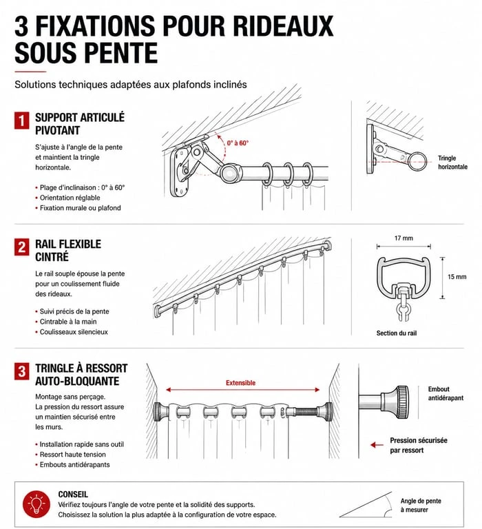 Schéma des trois types de tringles pour rideau sous pente : support articulé, rail flexible et tringle auto-bloquante.