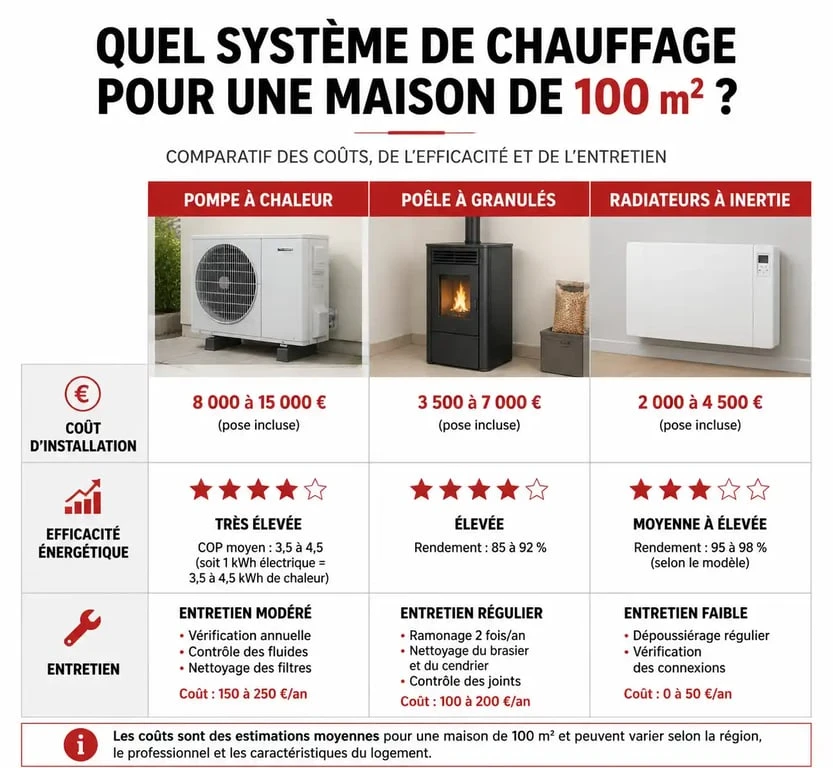 Comparatif des systèmes de chauffage pour une maison de 100m2 : pompe à chaleur, bois et électrique