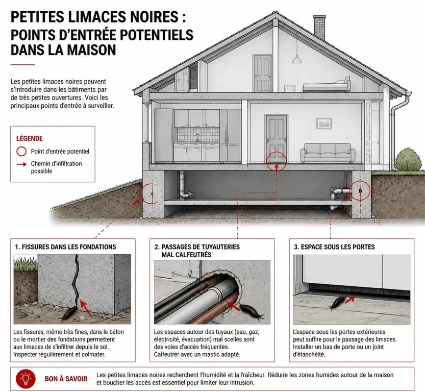 Schéma des points d'entrée des petites limaces noires dans une maison
