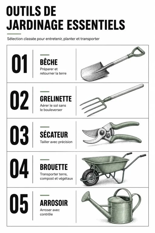 Infographie des outils de jardinage essentiels pour l'entretien du sol et des végétaux