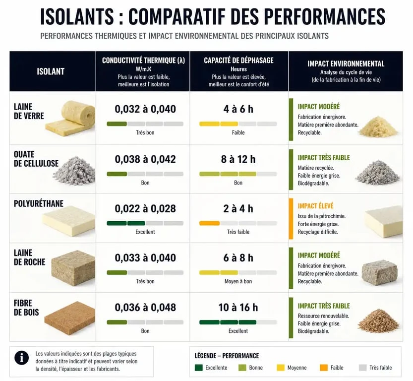 Infographie comparative des isolants thermiques pour choisir le meilleur isolant thermique selon la performance et l'écologie