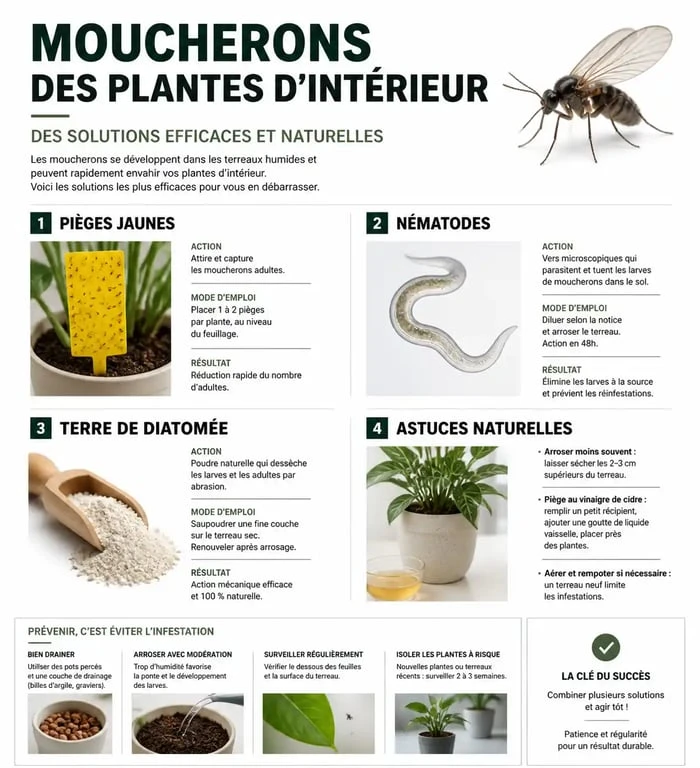 Infographie comparative des solutions efficaces comme produit anti moucheron plantes : pièges, nématodes et astuces naturelles.